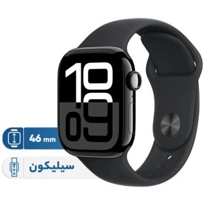 ساعت هوشمند ورزشی و روزمره اپل مدل Series 10 سایز قاب 46 میلی‌متر، دارای بند سیلیکون، سازگار با سیستم عامل iOS، دارای سنسورهای شمارنده ضربان قلب، سنجش اکسیژن خون و سنجش دمای بدن، امکان محاسبه میزان کالری مصرفی و ارائه برنامه تمرینی